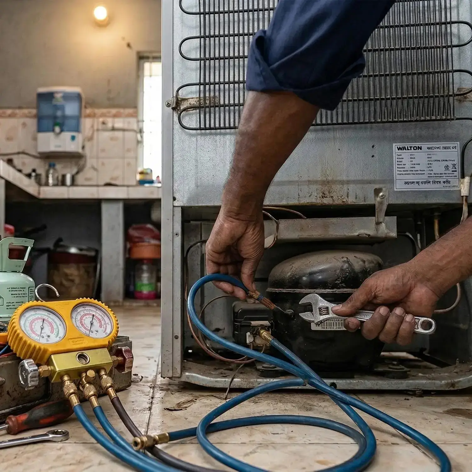 Emergency cold room repair specialist diagnosing a commercial refrigeration unit